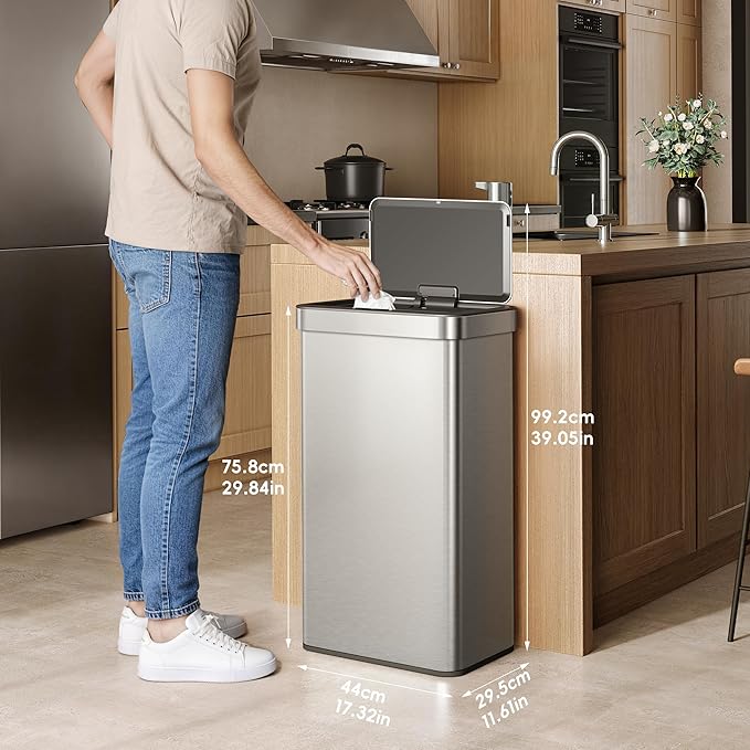 EKO Nova Sensor Trash Can, 21 Gallon/80 Liter Stainless Steel Rectangular Touchless Motion Sensor Trash Can, Matte Metallic