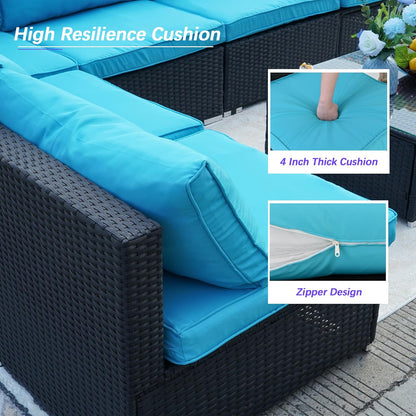 7 Piece Patio Furniture Set, Outdoor Couch Set—All-Weather Outdoor Furniture Sectional w Water Resistant Thick Cushions, Patio Sofa Set w 2 Extra Pillows and Coffee Table, Turquoise/Black