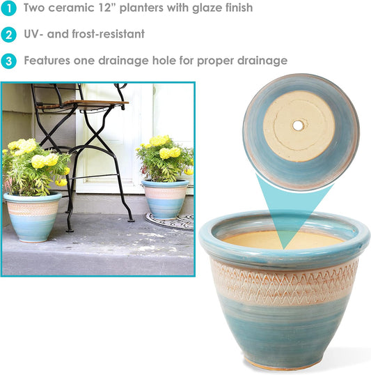 Sunnydaze Purlieu 12-Inch Outdoor/Indoor Ceramic Planters - Set of 2 -Shoreline