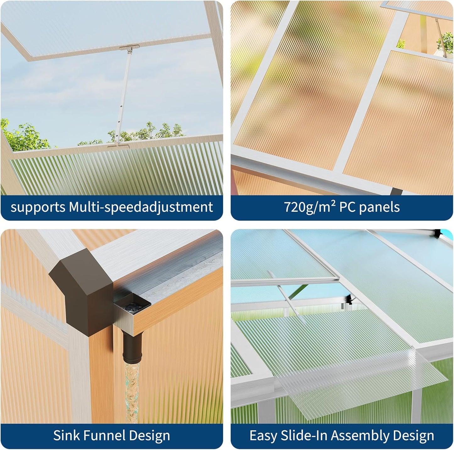 6x8 FT Greenhouse, Easy Assembly Aluminum Polycarbonate Greenhouses for Outdoors with Roof Vent and Ground Nails, Heavy Duty Aluminum Walk-in Greenhouse for Backyard, Sliding Lockable Door, Silver