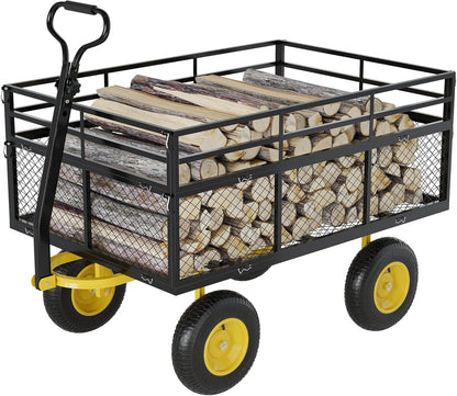 3-in-1 Heavy-Duty Steel Garden Cart, 1400 Lbs Garden Wagon, with 13 Inch All-Terrain Tires and Removable Mesh Side Panels, 180° Rotating Handle, Metal Multi-Function Carts, Outdoor Gardens Wagon Cart