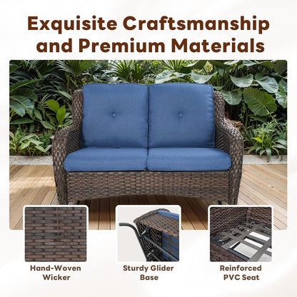 Spacious Outdoor Glider Bench - 500 LBS Weight Capacity Small Loveseat, 2 Seater Patio Gliders Furniture All Weather Wicker Couch with Removable Cushion for Deck Sunroom Balcony Backyard