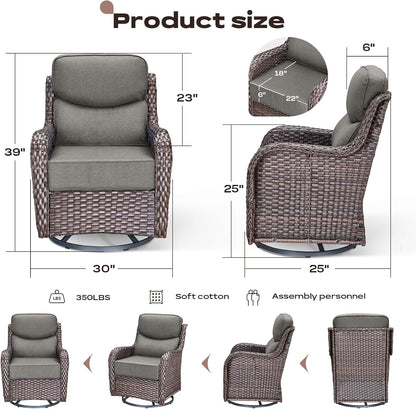 Outdoor Patio Swivel Rocker Chairs Set of 2, Waterproof Wicker, High Back, Deep Seating, Wide Armrest, Upgraded 6 inch Thick Cushions, Ideal for Deck Porch Backyard, Brown/Grey