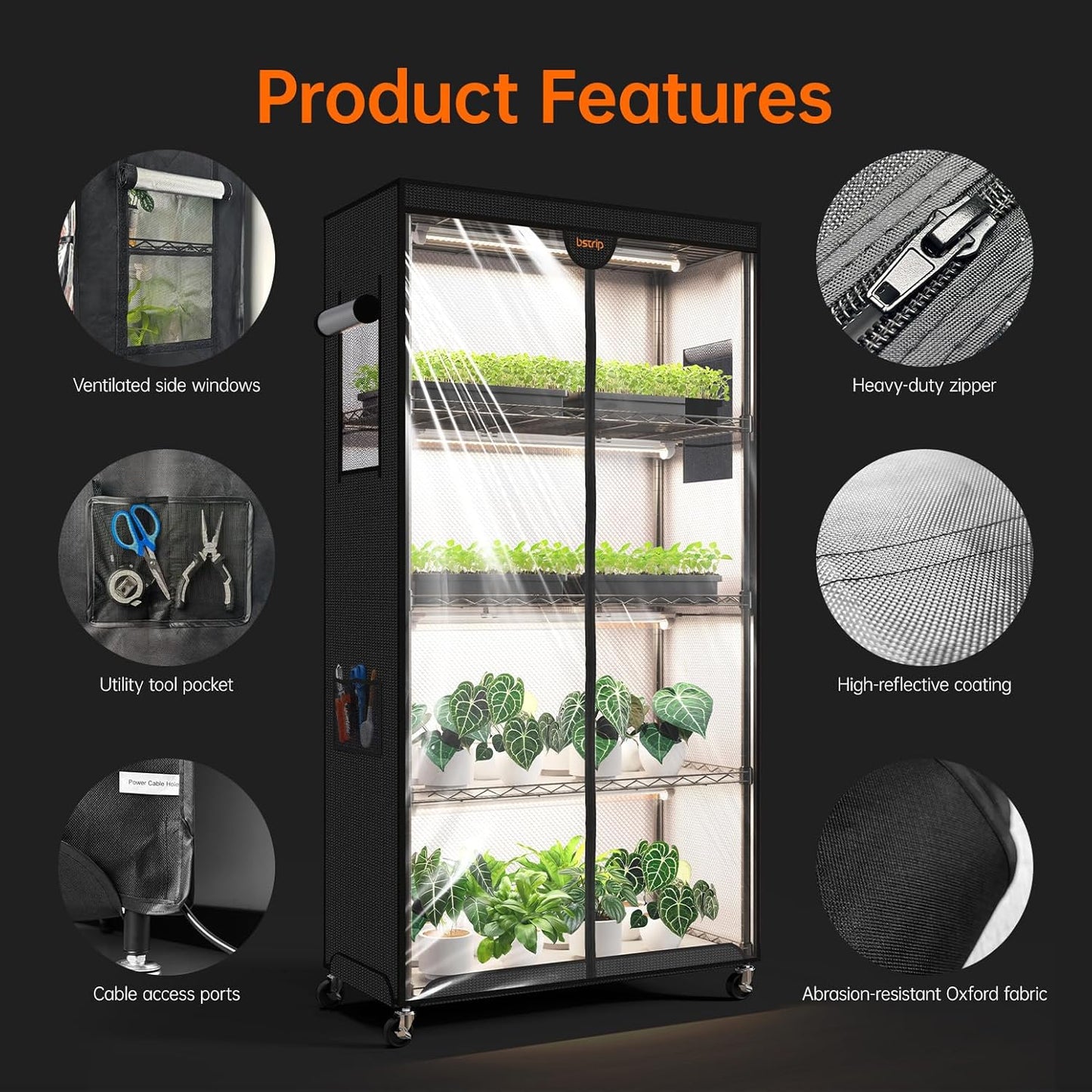 Indoor Greenhouse with Grow Light, Plant Stand with 4 Pack 24W Full Spectrum Plant Lights , Plant Shelf with Tent for Indoor Plant, Seed Starting, Seed Tray, 29.5"x13.8"x59"
