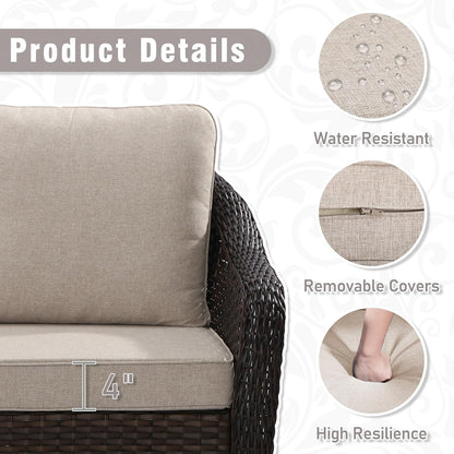 3 Piece Patio Wicker Conversation Set, All-Weather Use Outdoor Wicker Loveseat with 2 PE Rattan 360 Swivel Chair, Ideal for Porch, Backyard, Balcony, Poolside, Beige