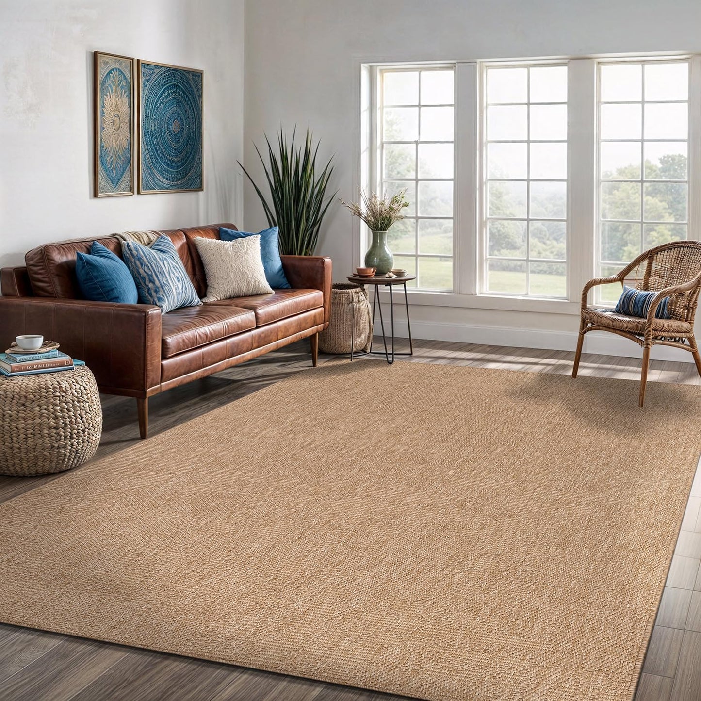 Washable Easy Jute Rug 5x7, Indoor Outdoor Rugs Natural Color Farmhouse Area Rugs for Living Room, Kitchen Rug High Traffic Area, Easy to Clean Solid Boho Woven Design Outside Carpet (5 X 7 Natural)