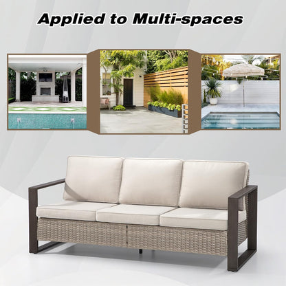 Joyside Outdoor Patio Wicker Sofa, 3-Seater Rattan Sofa with Thick Olefin Cushions and Metal Steel Rectangular Framed Armrest -Looking Metal Armrest Suitable for Garden, Backyard, Porch, Deck (Beige)