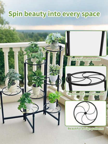Corner Shlf Patio 7 Tier Metal Plant Stand Indoor Outdoor Tall Metal Flower Pot Stands for Multiple Plants Heavy Duty Plant Shelf Black Kite