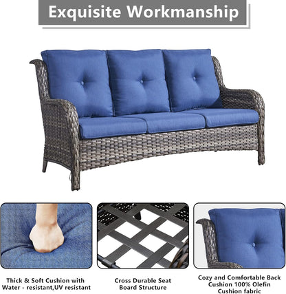 Outdoor Wicker Patio Furniture Set - 6 Piece Rattan Patio Conversation Set with 2 Rocking Swivel Chairs,2 Ottomans,1 Sofa and 1 Side Table for Porch Deck Backyard Garden(Mixed Grey/Blue)