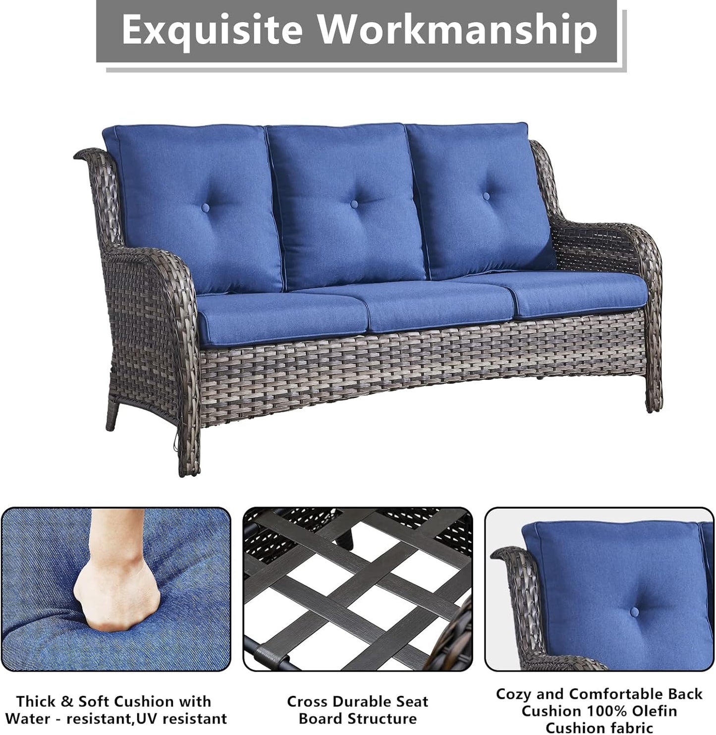 Outdoor Wicker Patio Furniture Set - 5 Piece Rattan Patio Conversation Set with 2 Rocking Swivel Chairs,2 Ottomans and 1 Sofa for Porch Deck Backyard Garden(Mixed Grey/Blue)