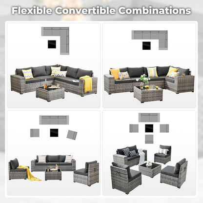 ovios 6 Pieces Patio Furniture Set, Outdoor Wicker Sectional Sofa with Glass Table Comfy Cushions, Modern Modular Deep Seat Couch Rattan Conversation Set, Black