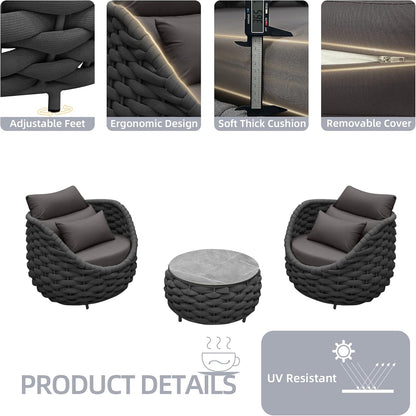TWT 3 Pieces Aluminum Patio Furniture Set, Hand Woven Textilene Rope Outdoor Sofa Set w/Washable Cushion and Rock Slab Tabletop, Conversation Furniture for Livingroom Poolside Balcony (Dark Grey)