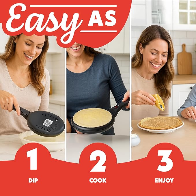 Gourmia 8” Electric Crepe Maker – Nonstick Ceramic Surface, One-Touch Operation, Includes Batter Tray, Compact & Easy to Clean, Crepe, Pancake & Tortilla Maker