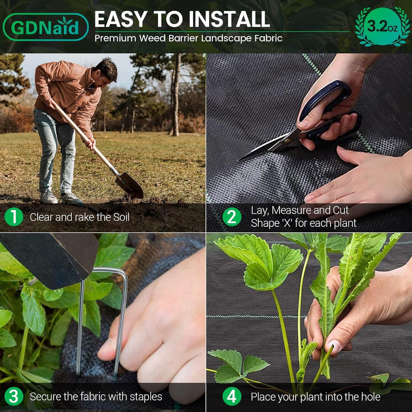 4x180ft Weed Barrier Landscape Fabric Heavy Duty, Premium 3.2oz Weed Barrier Fabric Weed Tarp, Weed Fabric, Garden Landscaping Fabric