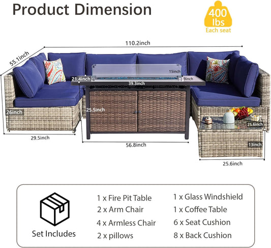 25-Pc Patio Furniture Set - 7 Piece Outdoor Rattan Sofa Set with 57" Fire Table and 17 Accessories, Modular Sofa Set for Garden/Poolside, Navy Blue/Grey