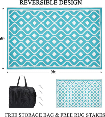 Pauwer Waterproof Outdoor Rug 6x9, Reversible Plastic Straw Patio Camping Rug, Indoor Outdoor RV Mat Carpet for Deck, Camper, Porch, Balcony, Backyard, Picnic, Geometric Teal