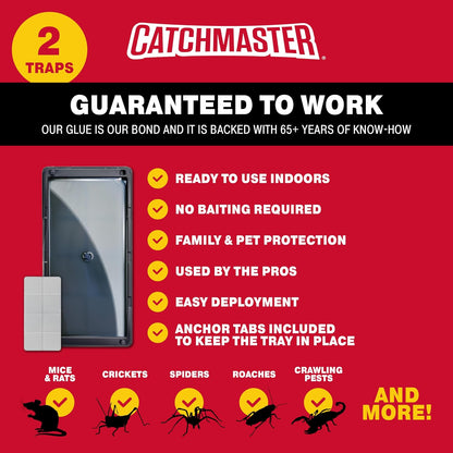 Catchmaster Rat & Mouse Glue Traps with Sticky Putty 2Pk, Large Bulk Glue Board, Rat & Mouse Traps Indoor for Home, Adhesive Plastic Tray for Snakes, Mice & Spiders, Pest Control for House & Garage