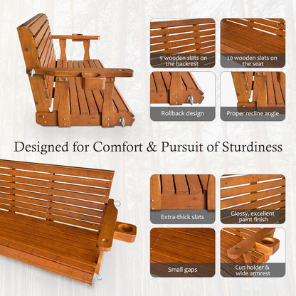 Wooden Porch Swing 3-Seater, High Backrest and Deep Seat, Bench Swing with Cupholders, Hanging Chains and 7mm Springs, Heavy Duty 880 LBS, for Outdoor Patio Garden (Cedar Tone, 5 FT Extra Large)
