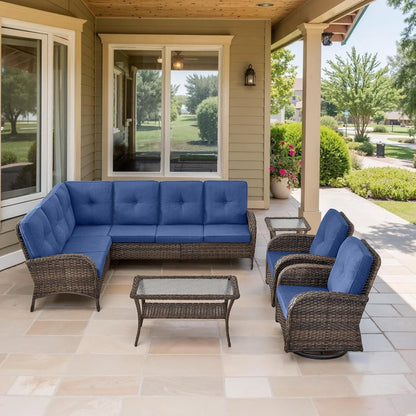 Outdoor Furniture Set - 6 Pieces Patio Conversation Sectional Sofa Set with Swivel Rocker Outdoor Chairs Set of 2 and Wicker Coffee Table for Deck Backyard Sunroom Brown