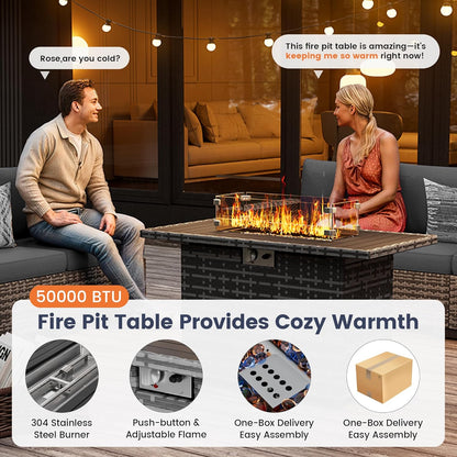 UDPATIO Patio Furniture Set with Fire Pit Table, 8 Inch Armrest Outdoor Sectional Sofa, 7 Piece Wicker Outdoor Furniture Conversation Sets with Waterproof Cover for Backyard Deck(Grey/Dark Grey)
