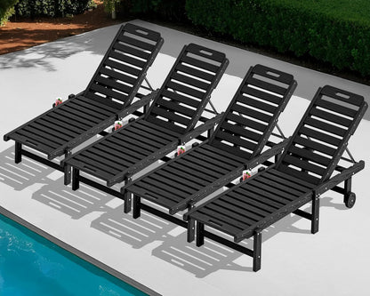 SERWALL Patio Chaise Lounge Set of 4, HDPE Outdoor Lounge Chair with Cup Holder, 5 Positions Adjustable Poly Lounge Chair with Rolling Wheels for Poolside, Deck, Sunbathing, Black