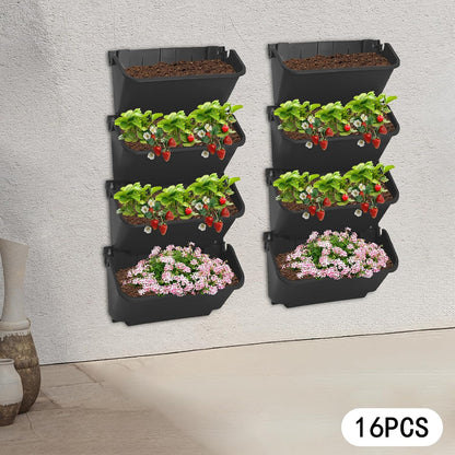 16 Pack Self Watering Wall Mounted Planter, Indoor and Outdoor Vertical Planter Wall Mounted Planter for Patio Outdoor Decor with Drainage Holes, Vertical Garden Planters for Indoor Plants- Black