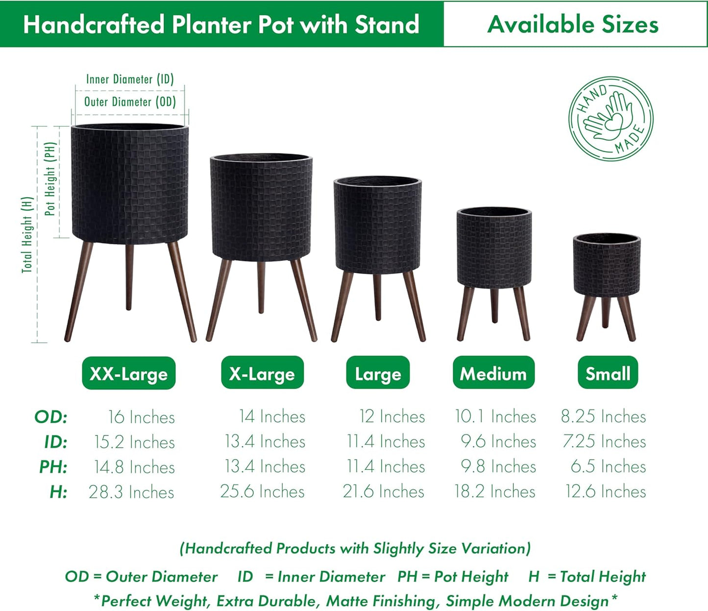 D'vine Dev 14 Inch Modern Geometric Tile Patterned Sleek Planter Pot with Stand, Indoor Outdoor Decorative Plant Holder, Distressed Black, 88-Z-D-5