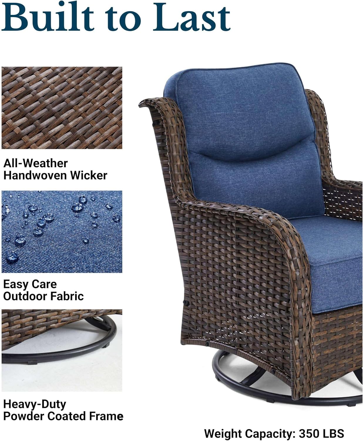 HILLGA Luxury Patio Furniture Set with 6-Inch Thick Cushions, High Back Outdoor Swivel Rocker Chairs and Table, 3-Piece All Weather Conversation Set for Porch Deck Balcony Yard, Blue (V3)