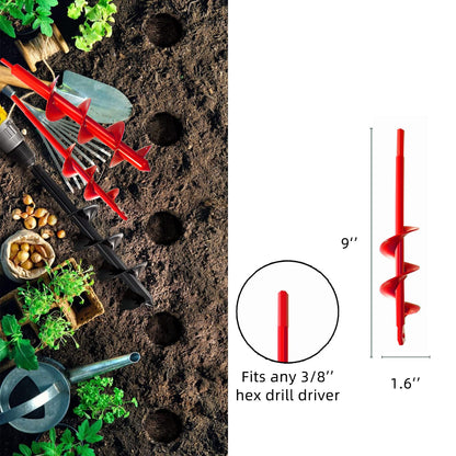 Garden Auger Drill Bit 1.6x9 in for Planting, Ground Earth Spiral Bit for 3/8" Hex Drive, Yard Auger for Bulbs, Hole Digger for Flowers, Bedding Digging Planter Tool
