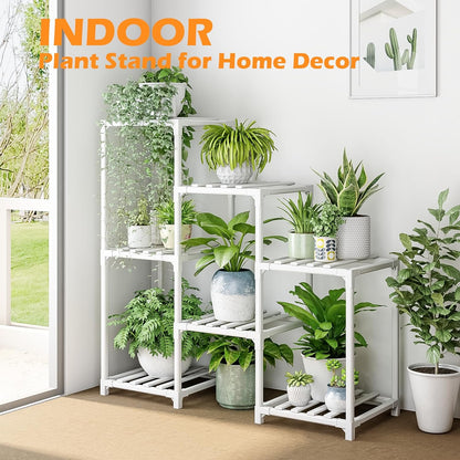 Bamworld Indoor Plant Stand Outdoor White Shelf Bamboo Plant Table for Multiple Plants 3 Tiers 7 Pots Ladder Holder Pot Window Garden Balcony Living Room