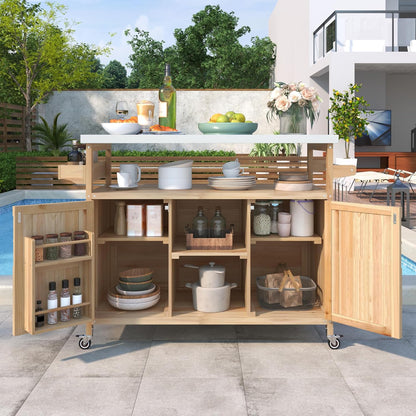 Grill Cart with Stainless Steel Tabletop - Outdoor Storage Cabinet for BBQ, Bar Patio Kitchen Island with Ample Storage and Lockable Wheels