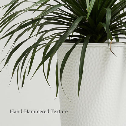 Worth Garden 2-Pack 25" H. Metal Planter with 2X Inside Pots - Hand-Hammered Texture Tall Tapered Plant Pots - Large Handcrafted Flower Pot for Indoor Outdoor, Deck, Patio, Front Porch (White)