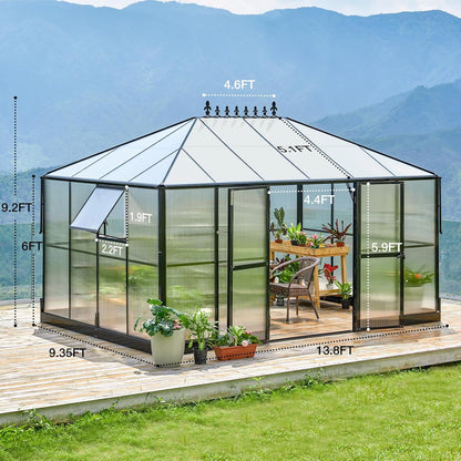 AMERLIFE 14x9.5x9FT Walk-in Polycarbonate Greenhouse with Quick Connector, Fast Assembly Aluminum Greenhouse for Outdoors, Swing 2 Doors, Black