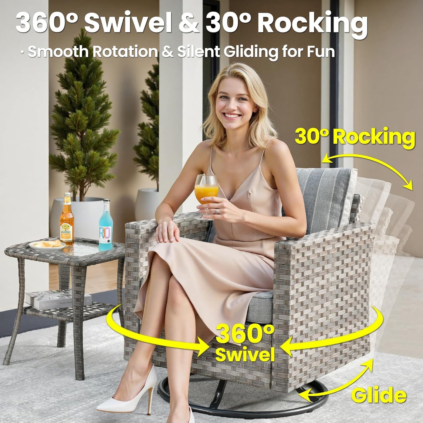 ovios 9 Pieces Patio Furniture Set, Outdoor Wicker Sectional Sofa with 30" Fire Pit Table Swivel Chair, Modern Modular Deep Seat Rattan Couch Conversation Sets, Dark Gray Stripe