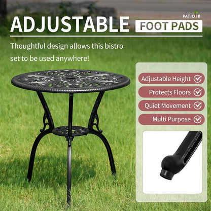 3 Piece Outdoor Bistro Set, Rustproof Outdoor Patio Furniture, Cast Aluminum Bistro Table Set with Umbrella Hole for Backyard, Balcony, Front Porch, Lawn, Pool (Black)