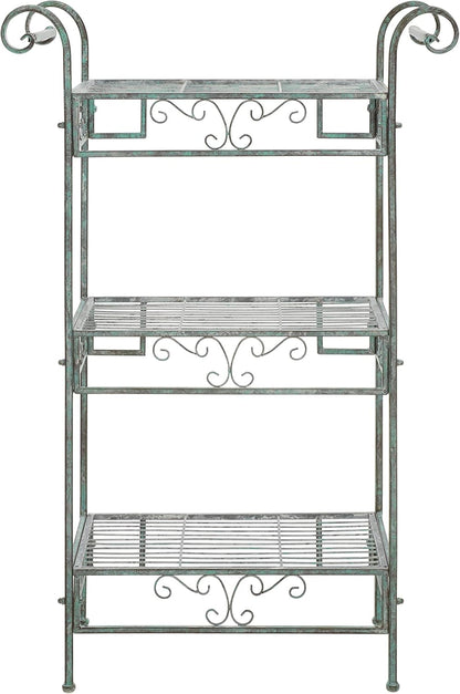 SAFAVIEH Outdoor Collection Noreen Victorian Scroll Antique Dark Green Wrought Iron 3-Tier Shelf