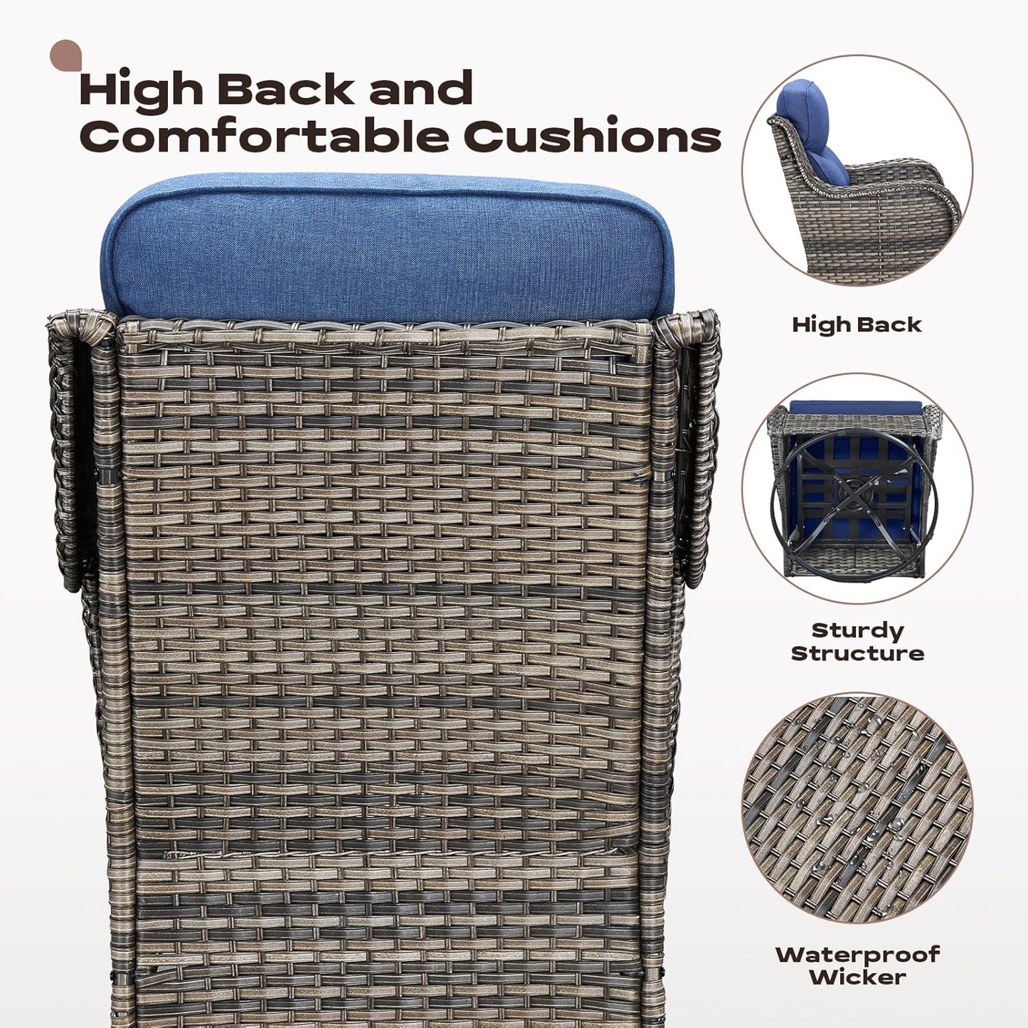 Wicker Outdoor Patio Furniture Set - 6 Piece Patio Conversation Sets with Swivel Rocker Chairs, Ottomans, Sofa and Coffee Table, 6 inch Cushions, Deep Seating, for Porch Deck Mixed Grey/Blue