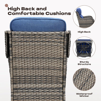 Wicker Outdoor Patio Furniture Set - 8 Piece Patio Conversation Sets with Swivel Rocker Chairs, Ottomans, Sofa and Table, 6 inch Cushions, Deep Seating, for Porch Deck Mixed Grey/Blue