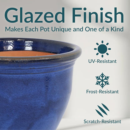 Sunnydaze 18.5" Large Ceramic Plant Pot - Round Outdoor Glazed Ceramic Planter Pot with Drainage - Imperial Blue - Studio