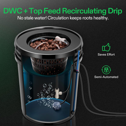 VIVOSUN DWC Hydroponics Grow System with Top Drip Kit, 5-Gallon Deep Water Culture, Recirculating Drip Garden System with Multi-Purpose Air Hose, Air Pump, and Air Stone (2 Buckets + Top Drip Kit)