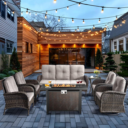 HUMMUH 7 Piece Patio Furniture Set with Fire Pit Table,Wicker Patio Swivel Rocker Outdoor Chairs 3-Seat Sofa for Porch,Poolside,Deck