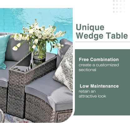 SUNSITT Outdoor Patio 8-Piece Half Moon Curved Furniture Sofa Set Grey Wicker Sectional Sofa Light Grey Cushions with 2 Side Table