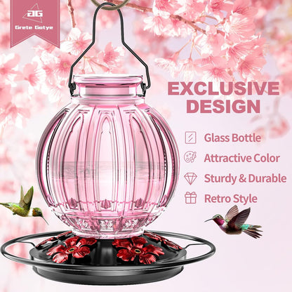 2 Pack Glass Hummingbird Feeder for Outdoors Hanging, Bird Nectar Feeder with Perch & 5 Flower Feeding Ports, 26 Oz Leak Proof for Outside Garden Decor Backyard, Gifts for Women Mom, Red & Pink