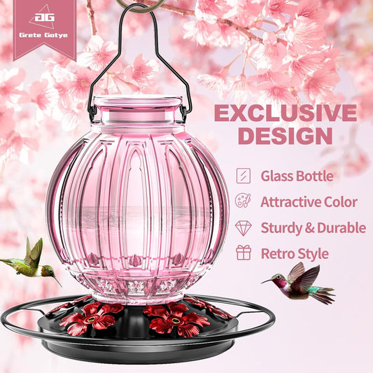 2 Pack Glass Hummingbird Feeder for Outdoors Hanging, Bird Nectar Feeder with Perch & 5 Flower Feeding Ports, 26 Oz Leak Proof for Outside Garden Decor Backyard, Gifts for Women Mom, Red & Pink