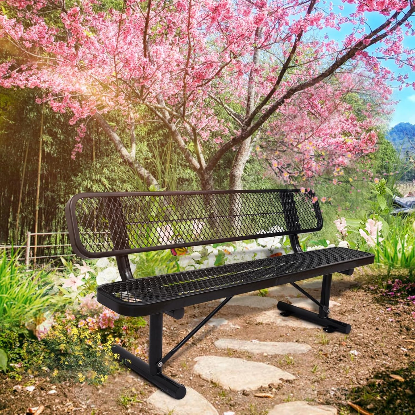 6Ft Heavy Duty Park Bench with Back Portable Frame, Outdoor Steel Bench with Backrest, Expanded Metal Mesh Bench for Lawn, Park, Deck, Garden, Patio, Porch, Black
