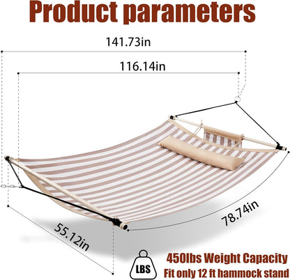 TegerDeger Anti-flip 12FT Hammock Large Hammock 450LB Capacity with Iron Spreader Bar & Nylon Rope for Outside, Patio, Garden, Backyard, Beach - Beige Strips