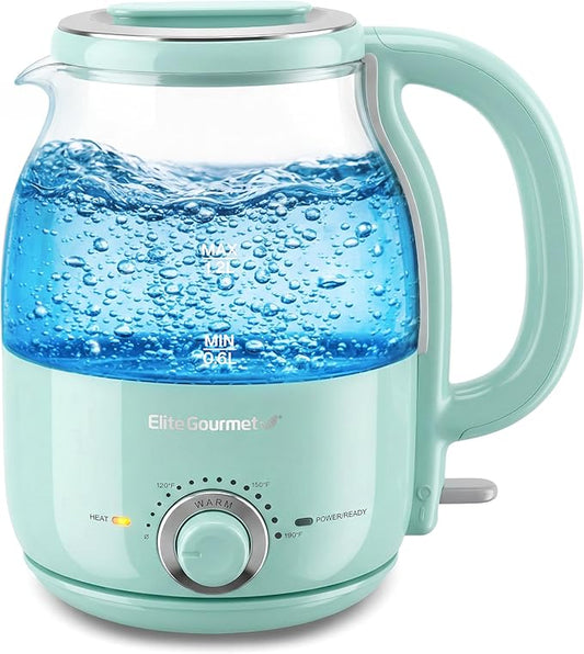 Elite Gourmet 1.2L Electric Glass Kettle, 1200W Fast Boil, Adjustable Temperature Control & Keep Warm, BPA-Free Borosilicate Glass, Auto Shut-Off & Boil-Dry Protection, 360° Cordless Base, Mint