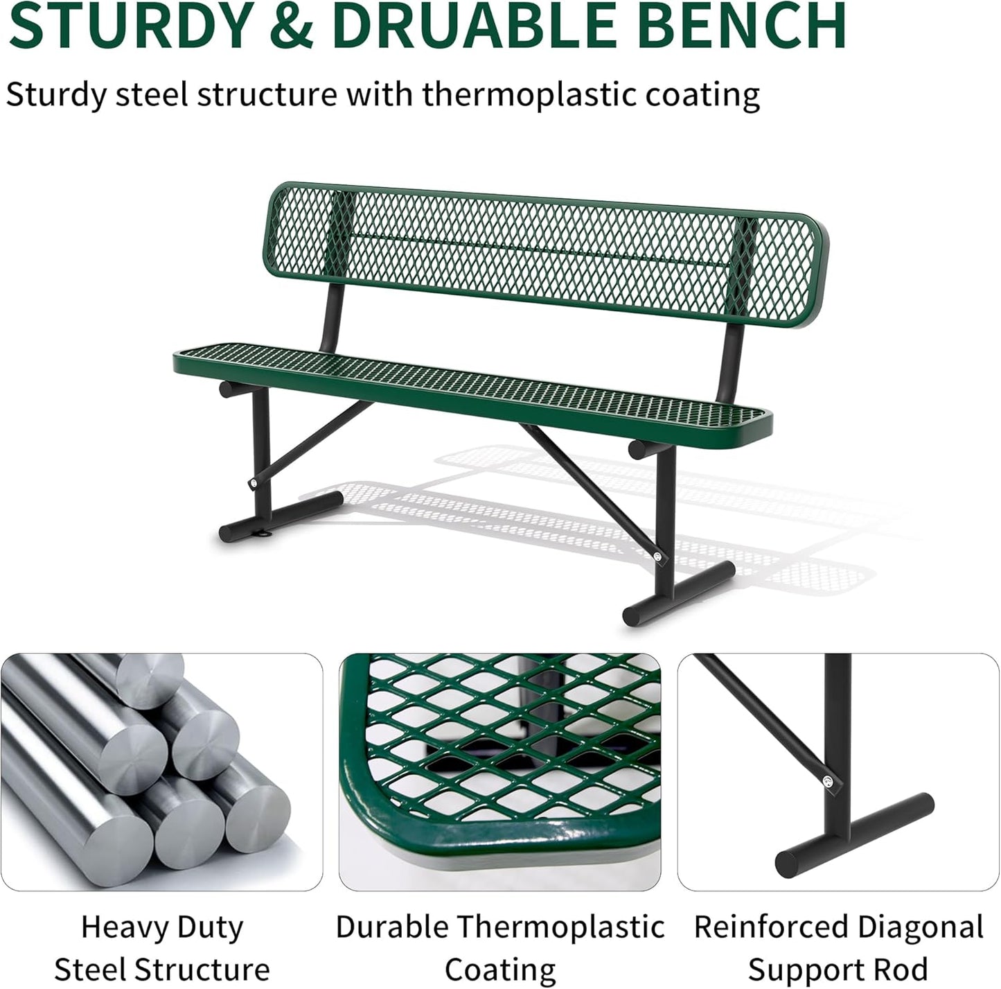 4/6/8 Feet Park Bench for Outside Heavy Duty Metal, Garden Benches Outdoor Bench with Backrest & Portable Frame, for Shopping Malls Stores Parks Patios Decks, Green