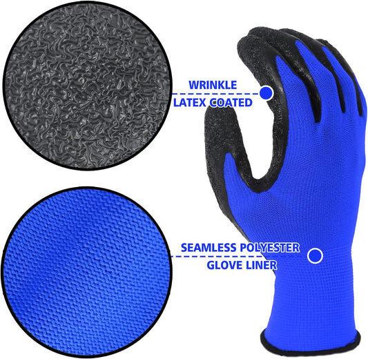Evridwear Crinkle Latex Rubber Hand Coated Safety Work Gloves for Men Women General Multi Use Construction Warehouse Gardening Assembly Landscaping (L-Size) Blue 120 Pairs Pack