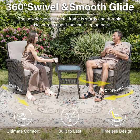 5 Piece Outdoor Patio Furniture Set with Deep Seating Swivel Rocker Chairs Loveseat and Rattan Coffee Table Outdoor Conversation Sets for Deck Backyard Poolside, Beige
